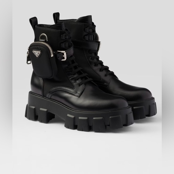 Prada Shoes - Prada Black Leather Lug-Sole Combat Boots with Detachable Mini Pouch